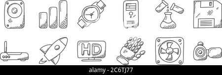 12 Satz von linearen Technologie-Symbole. Dünne Umrisssymbole wie Camcorder, Roboterhand, Start, Experimente, Armbanduhr, für Web, mobil Stock Vektor