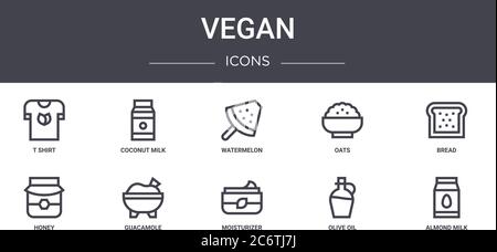 Vegane Konzept Linie Symbole Set. Enthält Symbole für Web, Logo, ui/ux wie Kokosmilch, Hafer, Honig, Feuchtigkeitscreme, Olivenöl, Mandelmilch, Brot Stock Vektor