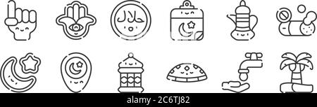 12 Satz von linearen ramadan-Symbole. Dünne Umrisse Symbole wie Palme, Hut, Lage, Teekanne, Halal, hamsa für Web, mobil Stock Vektor