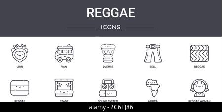 Reggae Concept Line Icons Set. Enthält Icons, die für Web, Logo, ui/ux wie van, Bell, Reggae, Sound System, afrika, Reggae Woman, Djembe verwendet werden können Stock Vektor