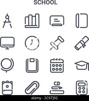 Satz von 16 Schule Konzept Vektor-Linie Symbole. 64x64 dünne Striche Symbole wie Bücher, Monitor, Grad, Kalender, Büroklammer, Rechner, Schulmaterial, Stock Vektor
