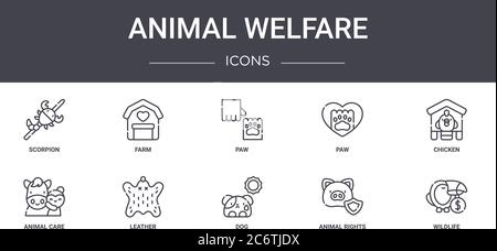 Tierschutz Konzept Linie Symbole Set. Enthält Symbole für Web, Logo, ui/ux wie Bauernhof, Pfote, Tierpflege, Hund, Tierrechte, Tierwelt, Kücke Stock Vektor