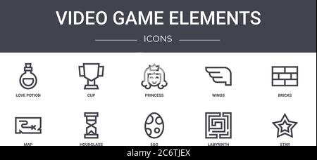 Videospiel-Elemente Konzept Linie Symbole gesetzt. Enthält Symbole für Web, Logo, ui/ux wie Tasse, Flügel, Karte, Ei, Labyrinth, Stern, Steine, Prinzessin Stock Vektor