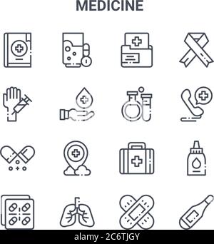 Satz von 16 Medizin Konzept Vektor-Linien-Symbole. 64x64 Symbole für dünne Schlaganfälle wie Wasserglas, Hand, Krankenhaus, medizinische Ausrüstung, Lunge, Thermometer, Bandhilfe, Stock Vektor
