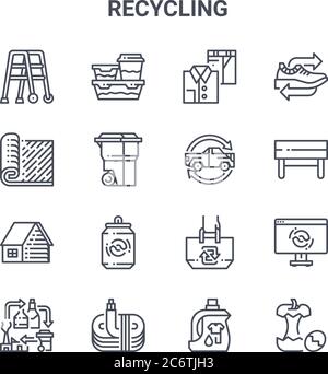 Satz von 16 Recycling-Konzept Vektorlinien-Symbole. 64x64 dünne Striche Symbole wie Tupperware, Teppich, Bank, Tragetasche, Draht, Abfall, Waschmittel, tr Stock Vektor
