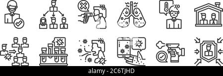 12 Satz von linearen Coronavirus-Symbole. Dünne Umrisssymbole wie Schutz, Smartphone, Coronavirus, Fieber, Fieber, Übertragung für Web, mobil Stock Vektor