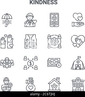 Satz von 16 Freundlichkeit Konzept Vektor-Linien-Symbole. 64x64 dünne Schlaganfall-Symbole wie Arzt, Freiwillige, Geben, Zahlung, Spende, Krankenhaus, zu Hause, Arbeit, Herz Stock Vektor