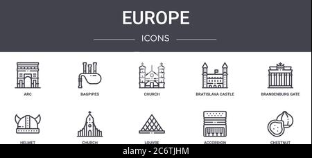 europa Konzept Linie Icons Set. Enthält Symbole für Web, Logo, ui / ux wie Dudelsack, bratislava Burg, Helm, louvre, Akkordeon, Kastanie, br Stock Vektor