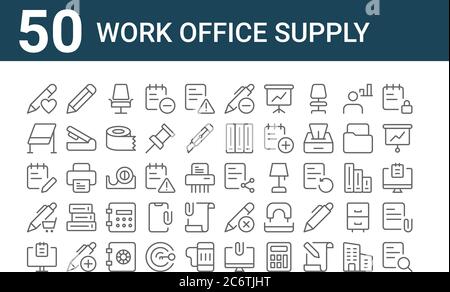 Set von 50 Arbeit Büro-Versorgung Symbole. Skizzieren dünne Linie Symbole wie Suche, Computer, Shop, Bürobedarf, Whiteboard, digitaler Controller, teilen Stock Vektor