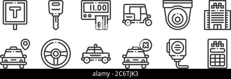 12 Satz von linearen Taxi Service-Symbole. Dünne Umrisssymbole wie Kartenmaschine, storniert, Lenkrad, cctv, Zahlung, Autoschlüssel für Web, mobil Stock Vektor