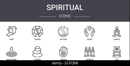 Spirituelle Konzept Linie Symbole Set. Enthält Symbole für Web, Logo, ui / ux wie taoismus, Kreuz, Wassertropfen, jainismus, Kerzen, Tee, Kerze, Yin yan Stock Vektor
