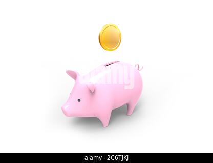 3D gerendertes Bild von Sparschweinen mit Goldmünze Stockfoto