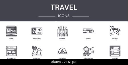 Travel Concept Line Icons Set. Enthält Symbole für Web, Logo, ui/ux wie Postkarte, Zug, Kalender, Camping, Surfboard, Hostel, Tauchen, Dinne Stock Vektor