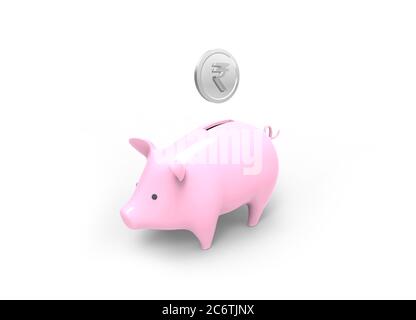 3D gerendertes Bild von Sparschwein mit Rupie-Symbol auf Silbermünze Stockfoto
