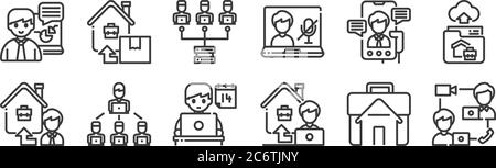 12 Satz von linearen Arbeiten von zu Hause Symbole. Dünne Umrisssymbole wie Videoanrufe, Arbeiten zu Hause, Teamarbeit, Videoanruf, Vernetzung, Home Delivery f Stock Vektor