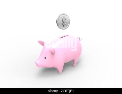 3D gerendertes Bild von Sparschwein mit Dollar-Symbol auf Silbermünze Stockfoto