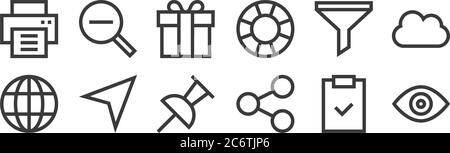 12 Satz von linearen Web-Essentials-Icons. Dünne Umrisssymbole wie Ansicht, teilen, Cursor, Trichter, Geschenkbox, Zoom für Web, mobil Stock Vektor