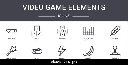 Videospielelemente Concept Line Icons Set. Enthält Icons für Web, Logo, ui/ux wie Würfel, Videospiel, Zauberstab, Energie, Banane, Joystick, Stock Vektor
