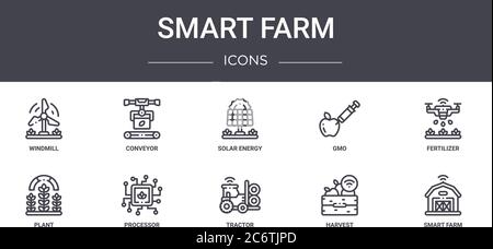 Smart Farm Konzept Linie Symbole gesetzt. Enthält Symbole für Web, Logo, ui / ux wie Förderband, gvo, Pflanze, Traktor, Ernte, Smart Farm, Dünger, Stock Vektor