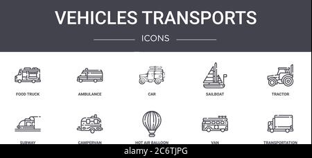 Fahrzeuge transportiert Concept Line Icons Set. Enthält Icons für Web, Logo, ui/ux wie Krankenwagen, Segelboot, U-Bahn, Heißluftballon, Van, tran Stock Vektor