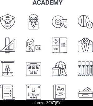 Satz von 16 Akademie Konzept Vektor-Linien-Symbole. 64x64 dünne Strichsymbole wie Lehrer, Lineal, Uniform, Geometrie, Lithium, Stiftetui, Grammatik, Arithme Stock Vektor