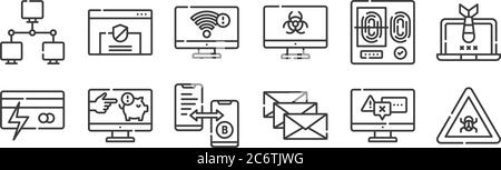 12 Satz von linearen Hacker-Symbole. Dünne Umrisssymbole wie Bug, Spam, Betrug, Fingerabdruck-Scan, WiFi, Schild für Web, mobil Stock Vektor