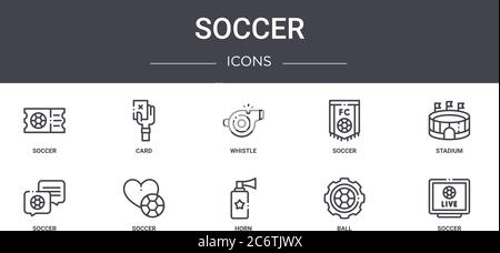 Fußball-Konzept-Linie Symbole Set. Enthält Symbole für Web, Logo, ui/ux wie Karte, Fußball, Fußball, Horn, Ball, Stadion, Pfeife Stock Vektor