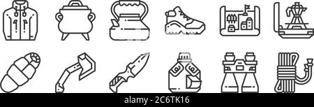 12 Satz von linearen Camping-Icons. Dünne Umrisse Symbole wie Seil, Wasserflasche, Axt, Karte, Wasserkocher, Topf für Web, mobil Stock Vektor