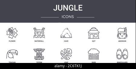 Dschungel-Konzept-Linie Symbole Set. Enthält Symbole für Web, Logo, ui/ux wie Wasserfall, Hütte, Tukan, Blatt, regen, Fernglas, Aburin, Höhle Stock Vektor