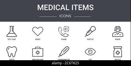 Medizinische Artikel Konzept Linie Symbole Set. Enthält Symbole für Web, Logo, ui / ux wie Herz, Pipette, Zahn, Thermometer, Auge, Flasche, Krankenschwester, Telefon Stock Vektor