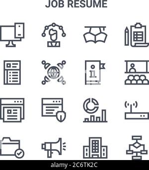 Satz von 16 Symbolen für die Vektorlinien für die Wiederaufnahme von Jobs. 64x64 dünne Schlaganfall Symbole wie Fähigkeiten, lebenslauf, Seminar, Analyse, Förderung, Diagramm, Unternehmen, Handbuch, pl Stock Vektor
