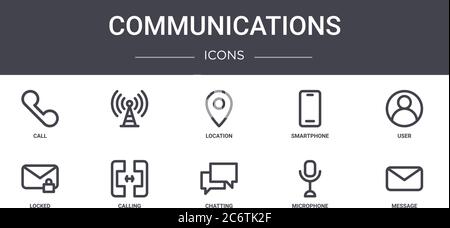 Kommunikation Konzept Linie Symbole gesetzt. Enthält Symbole für Web, Logo, ui/ux wie , Smartphone, gesperrt, chatten, Mikrofon, Nachricht, Benutzer, l Stock Vektor