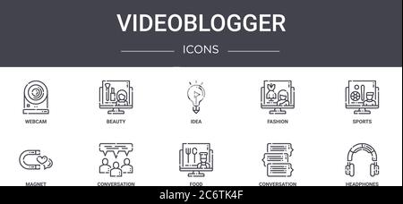 Videoblogger Konzept Linie Symbole Set. Enthält Symbole für Web, Logo, ui / ux wie Schönheit, Mode, Magnet, Essen, Konversation, Kopfhörer, Sport Stock Vektor