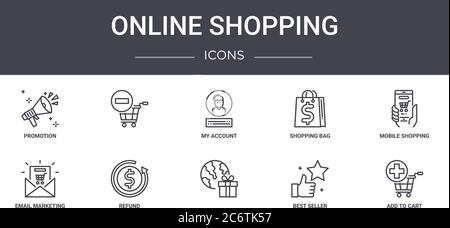 Online-Shopping-Konzept Linie Symbole Set. Enthält Symbole für Web, Logo, ui/ux wie , Einkaufstasche, E-Mail-Marketing, Bestseller, in den Warenkorb, Stock Vektor