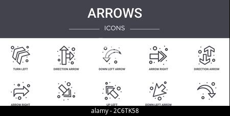 Pfeile Concept Line Icons Set. Enthält Symbole für Web, Logo, ui/ux wie Richtungspfeil, Pfeil rechts, Pfeil rechts, oben links, unten links, dire Stock Vektor