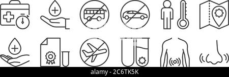 12 Satz von linearen Stop-Virus-Symbole. Dünne Umrisssymbole wie Nase, Reagenzglas, Test, Mann, Bus, Desinfektionsmittel für Web, mobil Stock Vektor