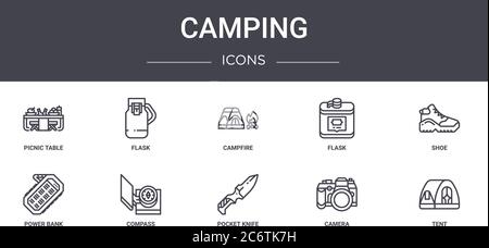 Camping Concept Line Icons Set. Enthält Icons für Web, Logo, ui/ux wie Kolben, Kolben, Powerbank, Taschenmesser, Kamera, Zelt, Schuh, Campfir Stock Vektor