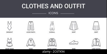 Kleidung und Outfit Konzept Linie Icons Set. Enthält Symbole für Web, Logo, ui / ux wie lose Hosen, Rock, Sportbekleidung, Denim Jacke, Schuh, lang Stock Vektor