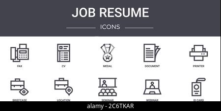 Job Lebenslauf Concept Line Icons Set. Enthält Symbole für Web, Logo, ui/ux wie cv, Dokument, Aktentasche, Seminar, Webinar, id-Karte, Drucker, med Stock Vektor