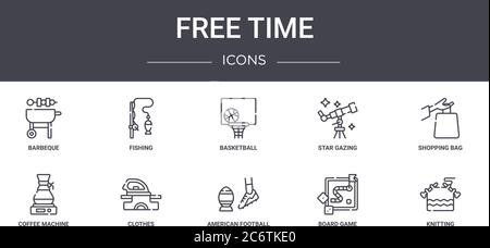 Freie Zeit Konzept Linie Symbole gesetzt. Enthält Symbole für Web, Logo, ui/ux wie Angeln, Sterne gucken, Kaffeemaschine, american Football, Board ga Stock Vektor