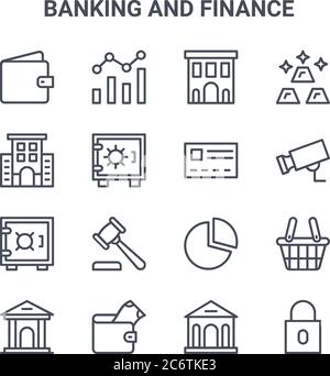 Satz von 16 Banken und Finanzen Konzept Vektor-Linien-Symbole. 64x64 dünne Strichsymbole wie Wachstumsdiagramm, Bürogebäude, cctv-Kamera, Kreisdiagramm, Brieftasche Stock Vektor