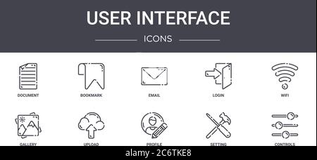 User Interface Concept Line Icons Set. Enthält Icons für Web, Logo, ui/ux wie Lesezeichen, Login, Galerie, Profil, Einstellung, Steuerelemente, WiFi, Stock Vektor