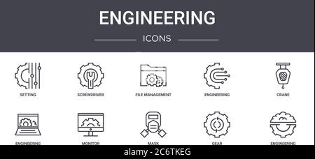 Engineering Concept Line Icons Set. Enthält Icons für Web, Logo, ui/ux wie Schraubendreher, Engineering, Engineering, Maske, Getriebe, Kran, Datei Stock Vektor