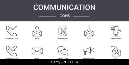 Kommunikationskonzept Liniensymbole gesetzt. Enthält Symbole für Web, Logo, ui/ux wie Mail, Mail, Kommunikation, Bubble Chat, Lautsprecher, Mail, SM Stock Vektor