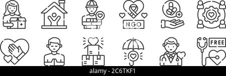 12 Satz von linearen Freundlichkeit Symbole. Dünne Umrisse Symbole wie ärztliche Kontrolle, Krankenversicherung, beten, geben, Lieferung Kurier, nach Hause für Web, mobil Stock Vektor