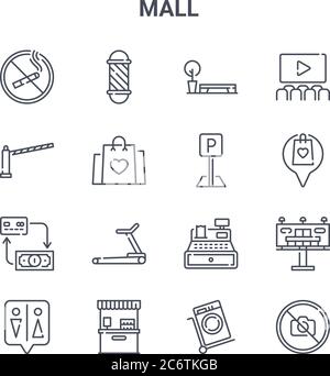 Satz von 16 Symbolen für die Vektorlinien des Konzepts „Mall“. 64x64 dünne Striche Symbole wie Barbershop, Verkehrsbarriere, Standort, Kassierer, Schalter, kein Foto, Trolley c Stock Vektor