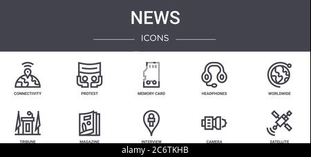 news Concept Line Icons Set. Enthält Icons für Web, Logo, ui/ux wie Protest, Kopfhörer, Tribüne, Interview, Kamera, Satellit, weltweit, Stock Vektor