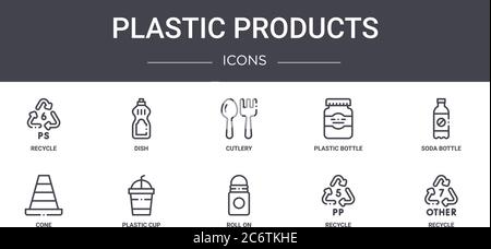 Kunststoff-Produkte Konzept Linie Symbole Set. Enthält Symbole für Web, Logo, ui / ux wie Schale, Plastikflasche, Kegel, Roll-on, Recycling, recyceln, sod Stock Vektor