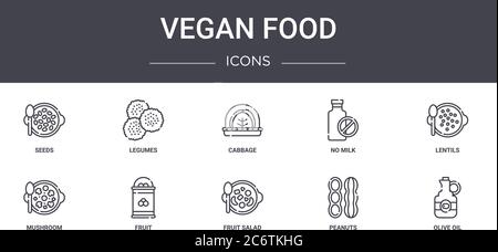 Vegane Food Concept Line Icons Set. Enthält Symbole für Web, Logo, ui/ux wie Hülsenfrüchte, keine Milch, Pilz, Obstsalat, Erdnüsse, Olivenöl, len Stock Vektor