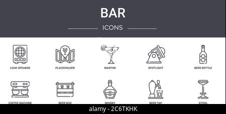 Bar Concept Line Icons Set. Enthält Symbole für Web, Logo, ui/ux wie Platzhalter, Spotlight, Kaffeemaschine, Whisky, Bierzapfanlage, Hocker, Bier b Stock Vektor